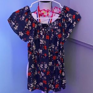 A off the shoulder, crop top, blue shirt, a size small, light weight shirt.